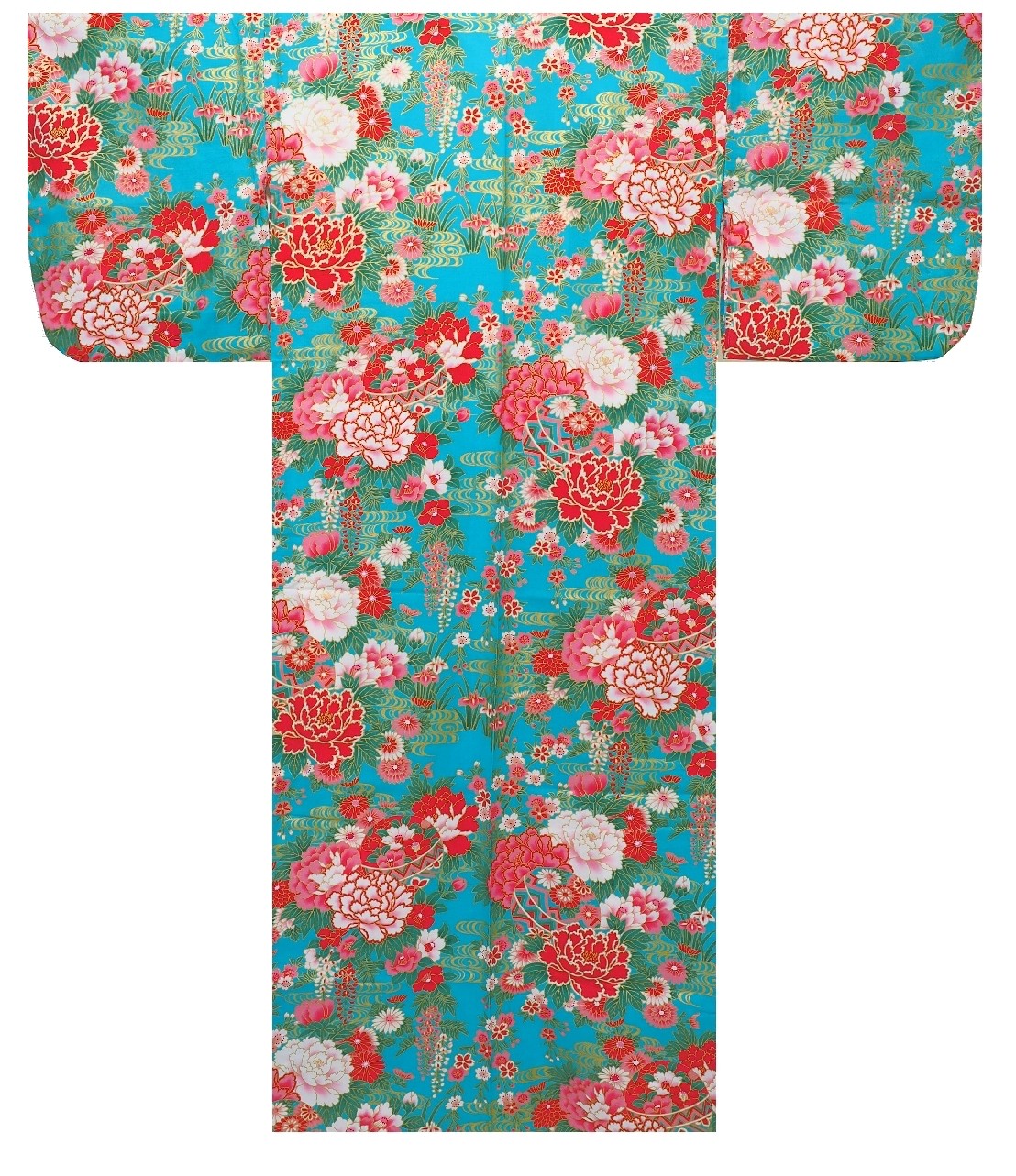 Ladies Yukata - Ball with Peony Thread - Turquoise