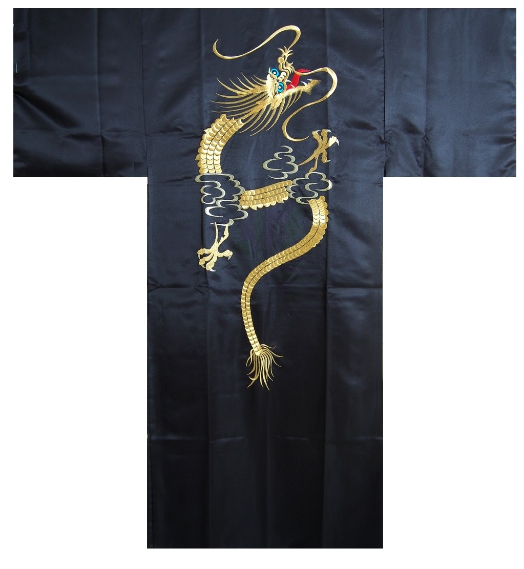 Mens Polyester Kimono - Rising Dragon - Black