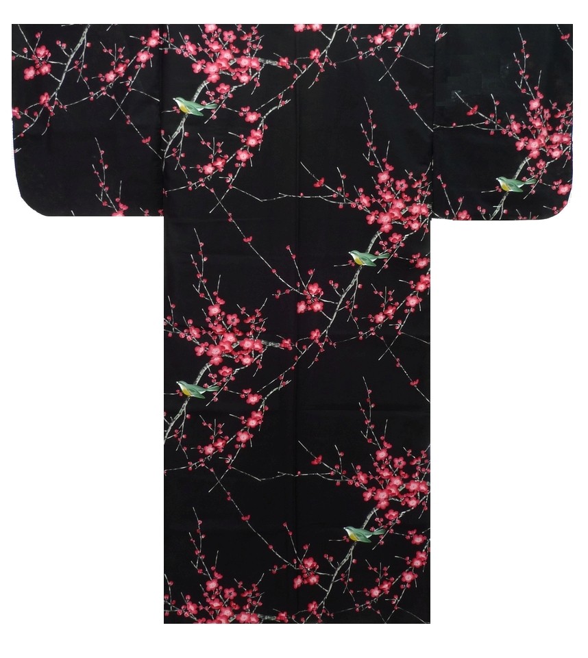 Ladies Kimono - Plum & Bush Warbler - Black