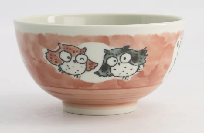Kawaii Rice Bowl Owl 16x8cm 600ml Pink