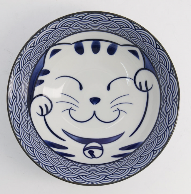 Kawaii Lucky Cat Ramen Bowl 19.7x7cm 1000ml Seikaiha-Neko Blue