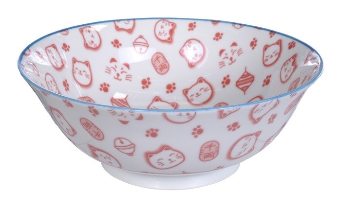 Maneki Neko - Kawaii Lucky Cat Ramen Bowl 18.2 x 7.7cm 1000ml Red