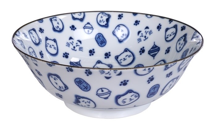Maneki Neko - Kawaii Lucky Cat Ramen Bowl 18.2 x 7.7cm 1000ml Blue