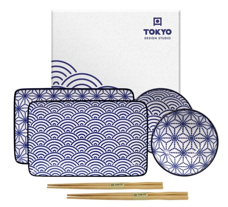 Nippon Blue Sushi Plate Giftset 4pcs w/Chop 21x13.5 & 9.5x3cm Wave/Star