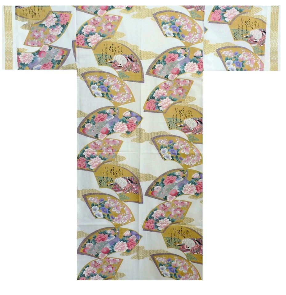 Ladies Kimono - Flowers in Folding Fans - White