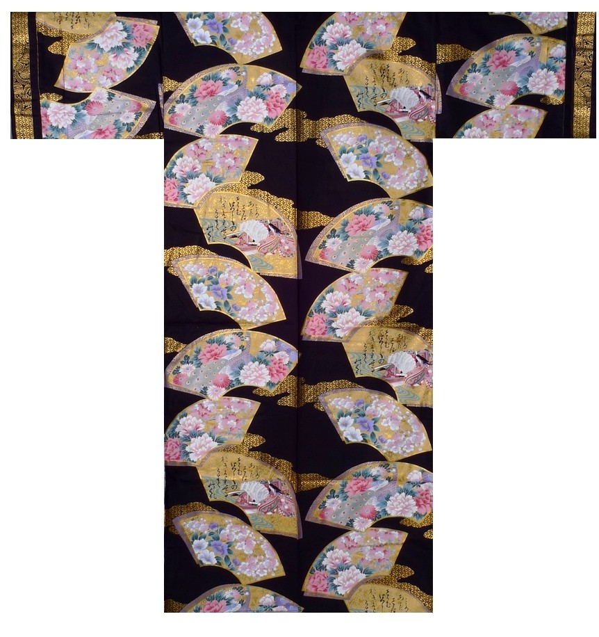 Ladies Kimono - Flowers in Folding Fans - Black