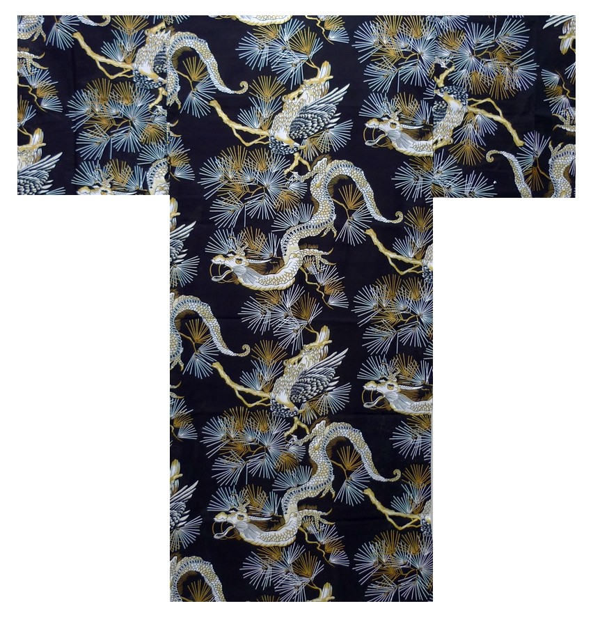 Kimono Yukata XL Men's 61"L Falcon Dragon Pattern Cotton Black/Made Japan 