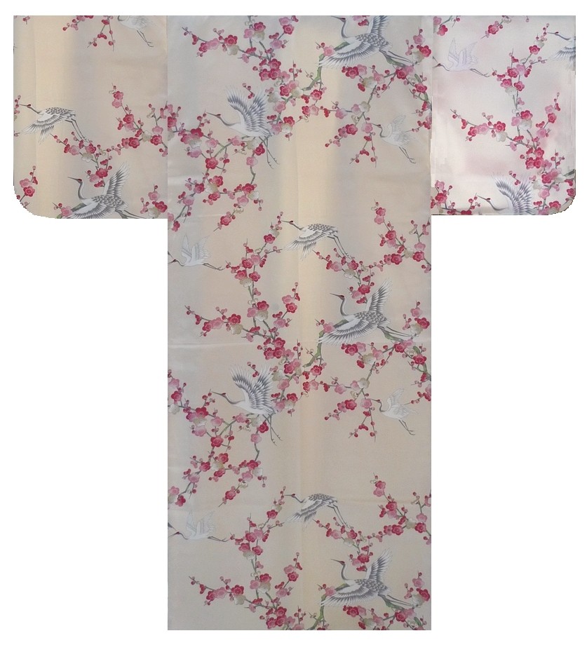 Ladies Polyester Kimono - Plum & Crane - White