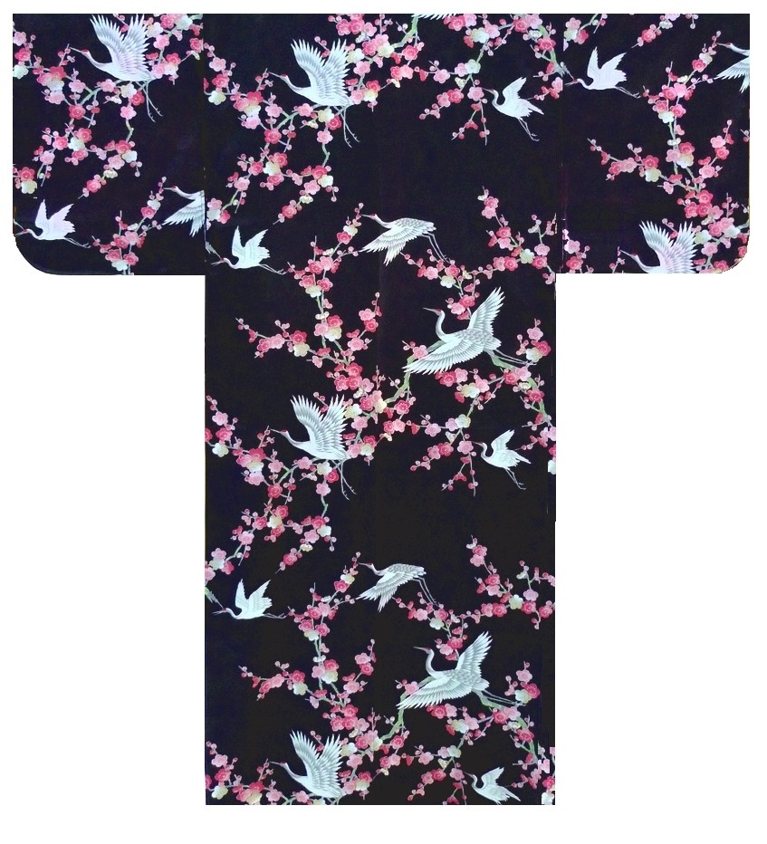 Ladies Polyester Kimono - Plum & Crane - Black