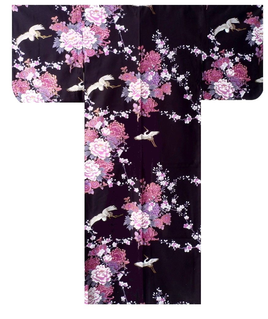 Ladies Kimono - Flying Crane & Peony - Black