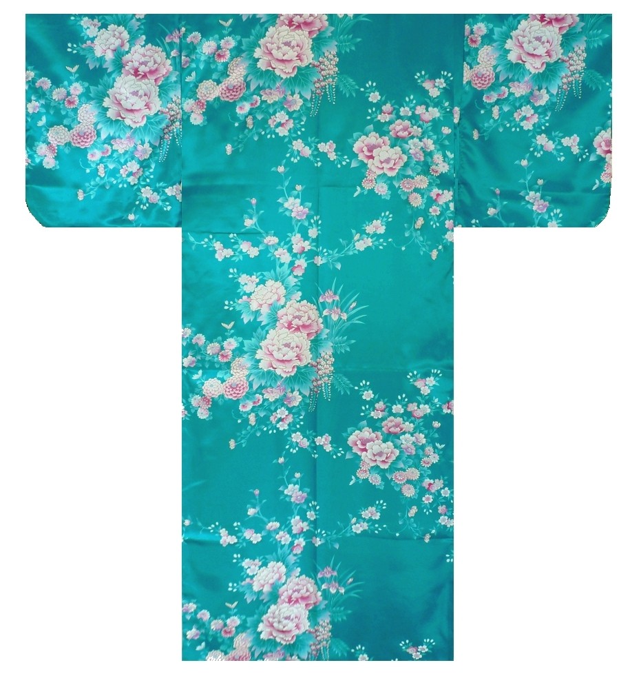 Ladies Polyester Kimono - Peony & Iris - Turquois