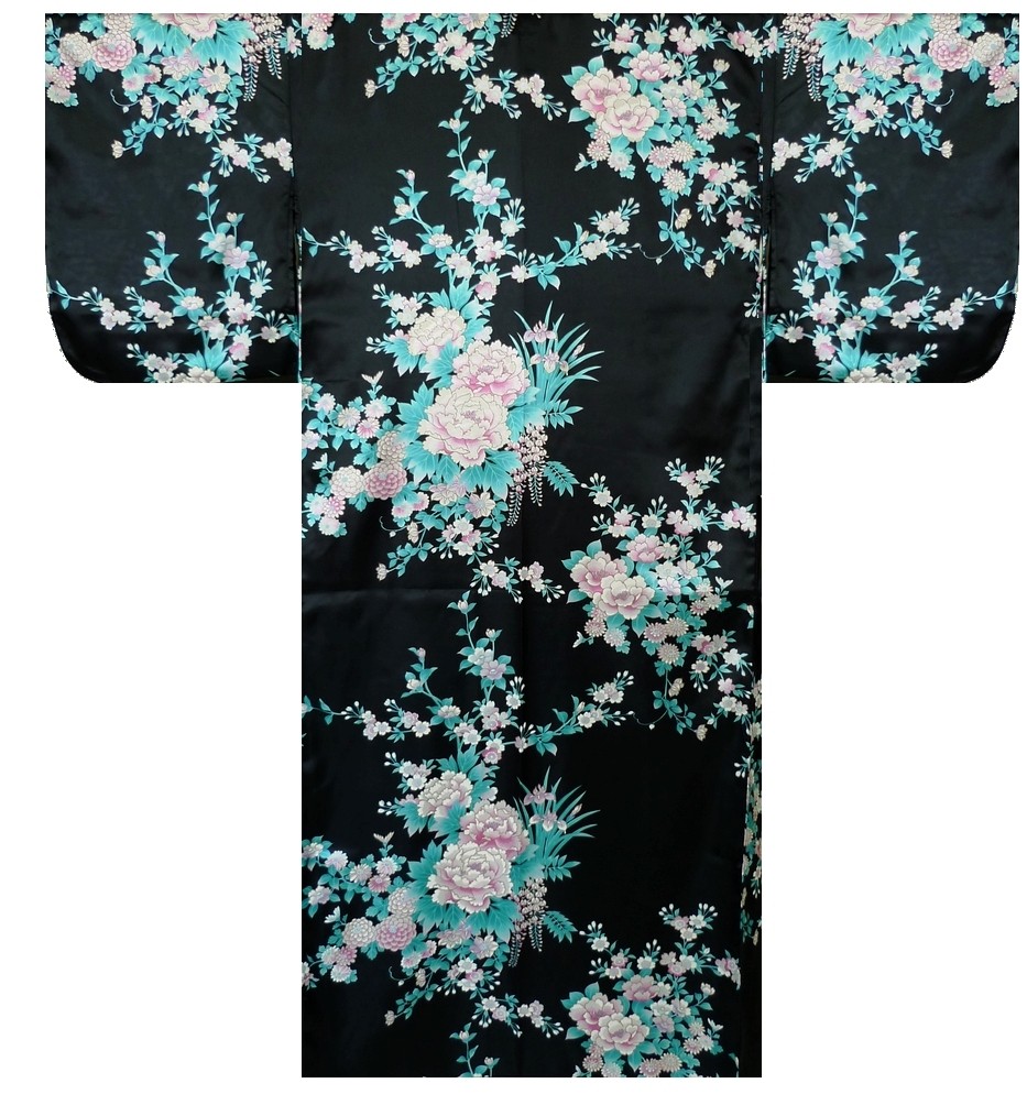 Ladies Polyester Kimono - Peony & Iris - Black