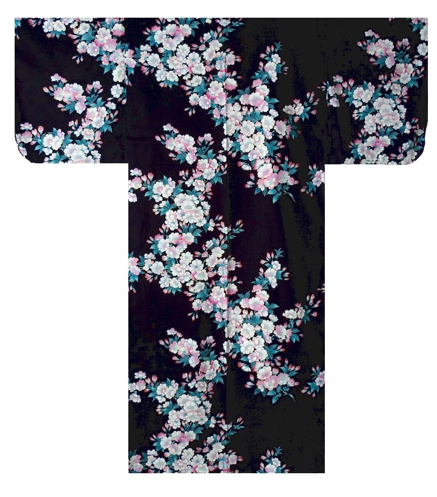 Ladies Kimono - White Cherry Blossoms - Black