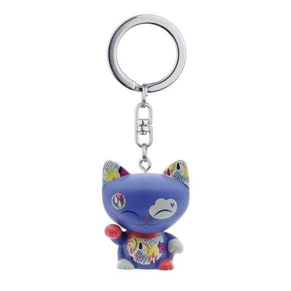 Mani the Lucky Cat Keychain - Blue with Magenta/Light Grey Paw 