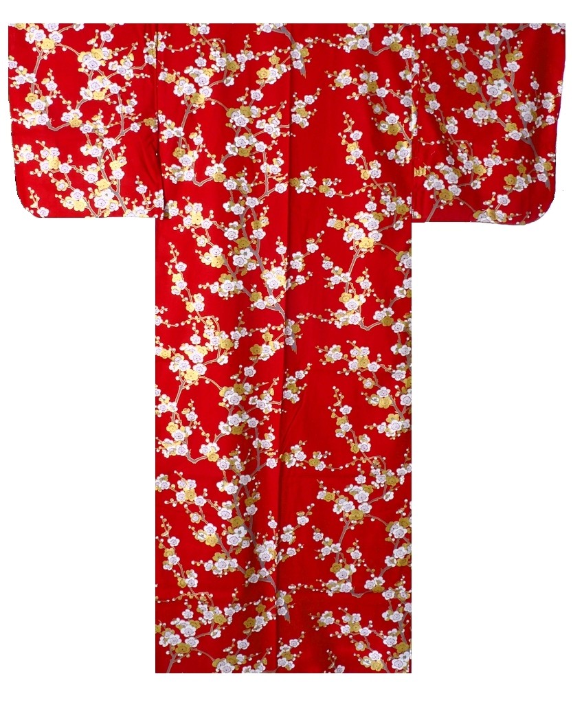 Ladies Yukata - White Plum - Red