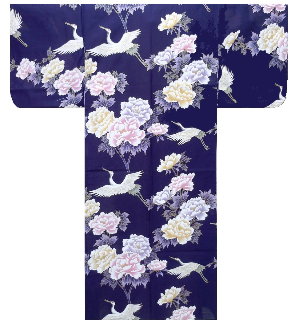 Ladies Kimono - Crane & Peony - Navy