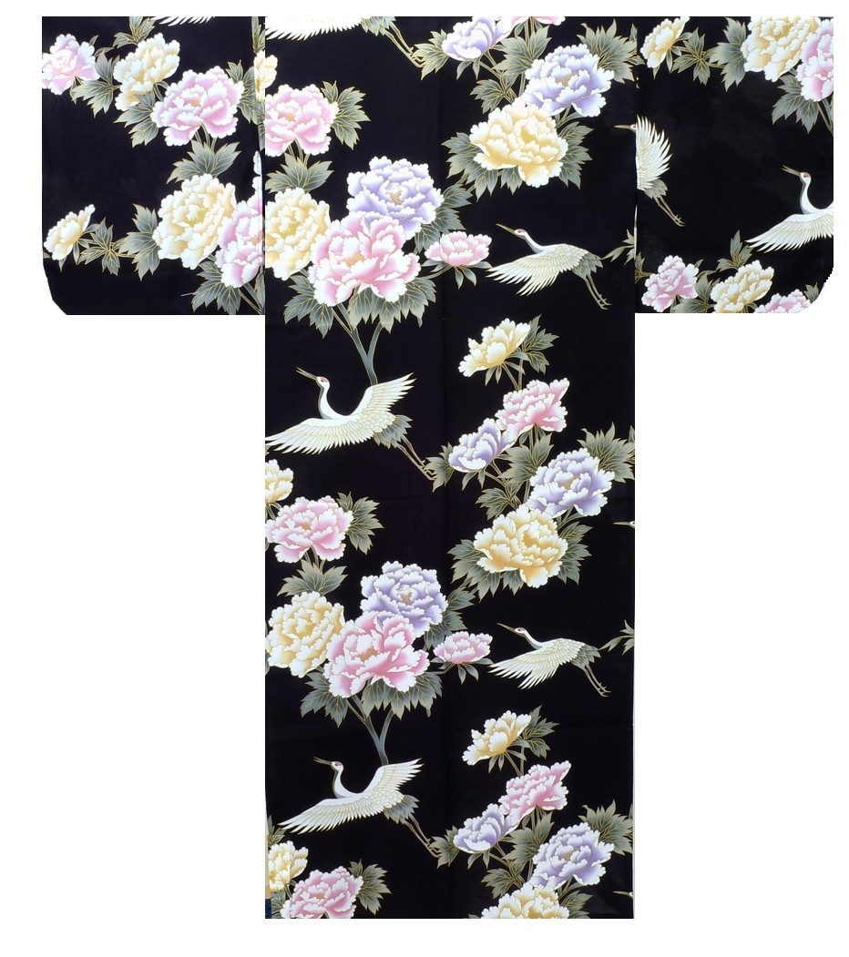 Ladies Kimono - Crane & Peony - Black