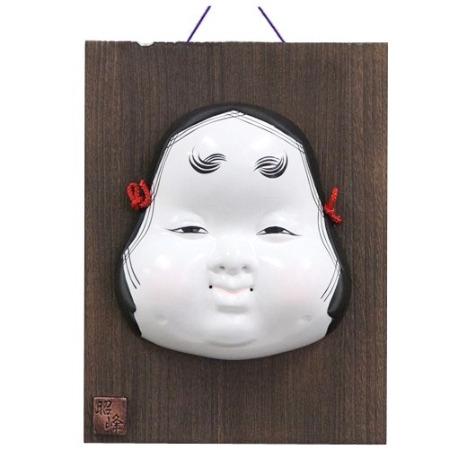 Kabuki Mask Okame with Ornamental Wooden Plate