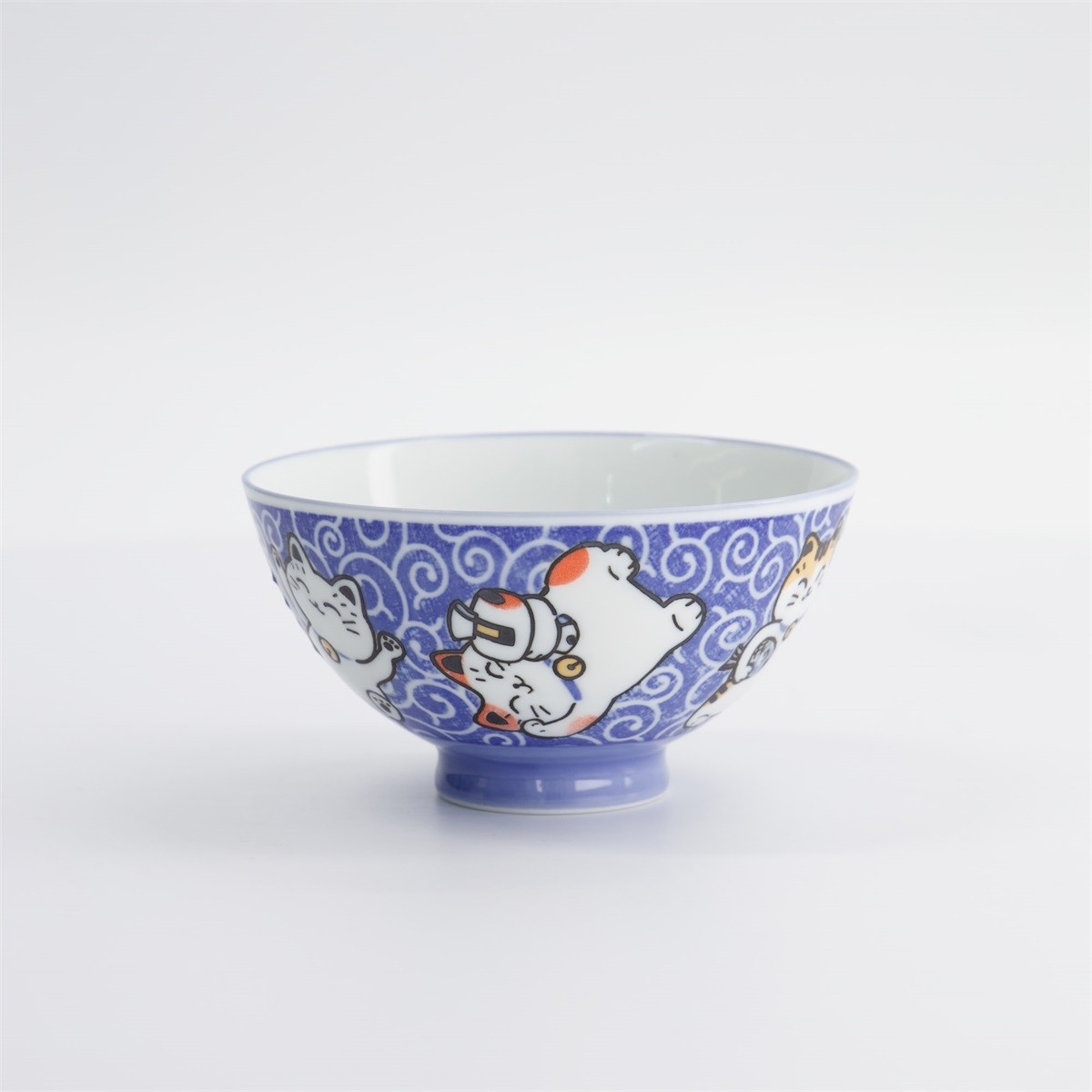Kawaii Rice Bowl Karakusa Lucky Cat Blue 11.5x6.2cm 300ml