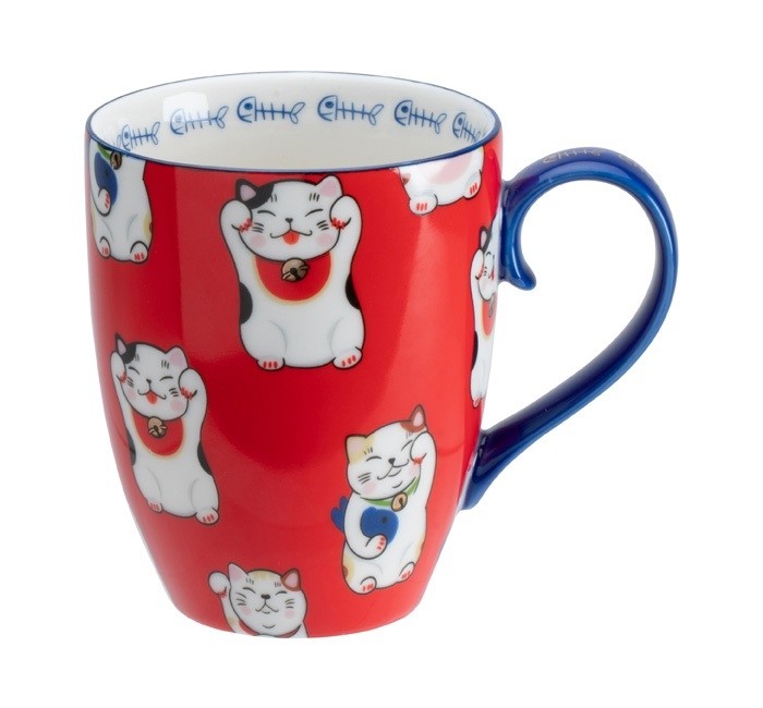 Maneki Neko - Kawaii Lucky Cat Mug W/Giftbox Red Classic Cat 