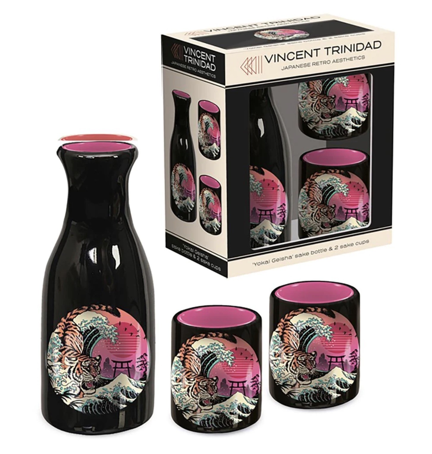 Vincent Trinidad - Sake bootle & 2 Sake Cups Set - Red Tiger Wave