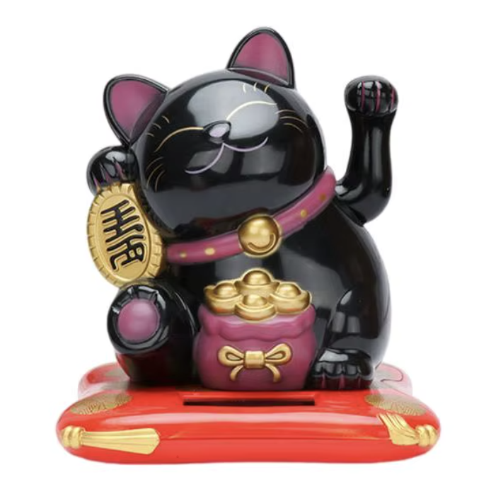 Japanese Solar Feng Shui Lucky Maneki Neko Waving Paw Beckon Luck Cat 3.5 Inches Black