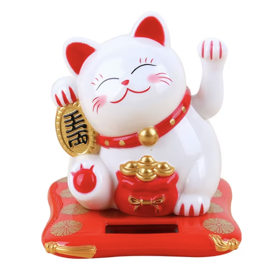 Japanese Solar Feng Shui Lucky Maneki Neko Waving Paw Beckon Luck Cat 3.5 Inches White
