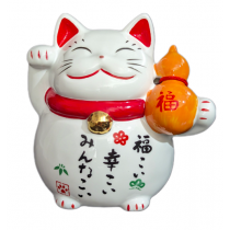Maneki Neko White Lucky Cat with Gourd Right Paw Raised