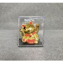 Lucky Cat - Waving Solar Maneki Neko Decoration - Gold with Red Fortune Bag 6.4 x 5.4 x 4.3cm