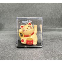 Lucky Cat - Waving Solar Maneki Neko Decoration - Beige with Red Fortune Bag 6.4 x 5.4 x 4.3cm