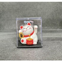 Lucky Cat - Waving Solar Maneki Neko Decoration - White with Red Fortune Bag 6.4 x 5.4 x 4.3cm