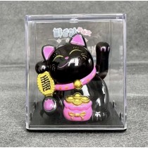 Lucky Cat - Waving Solar Maneki Neko Decoration - Balck with Purple Fortune Bag 6.4 x 5.4 x 4.3cm