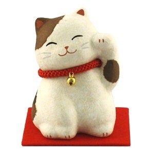 Maneki Neko - Lucky Cat White & Brown Calico with Bell