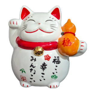 Maneki Neko White Lucky Cat with Gourd Right Paw Raised