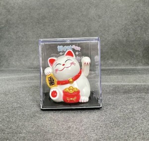 Lucky Cat - Waving Solar Maneki Neko Decoration - White with Red Fortune Bag 6.4 x 5.4 x 4.3cm