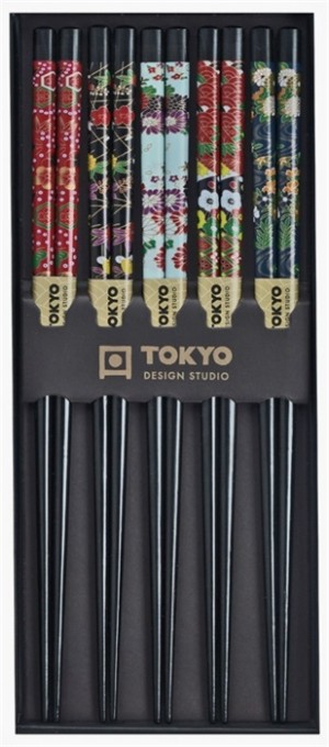 Chopstick Set/5 Black Flower